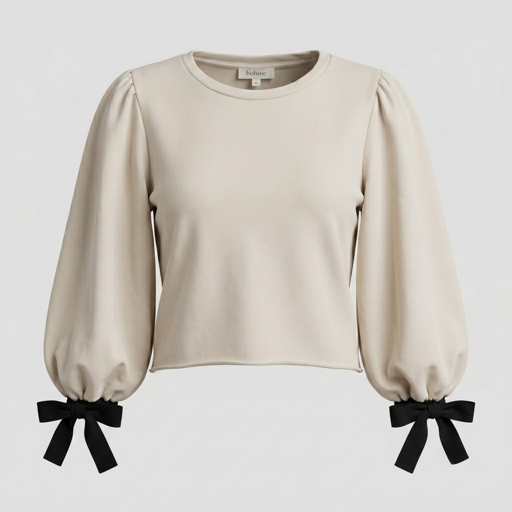 Bohme Womens XS Cream‎ Sweatshirt BHM1144MT Balloon Sleeve Tie Cuff Cotton Top